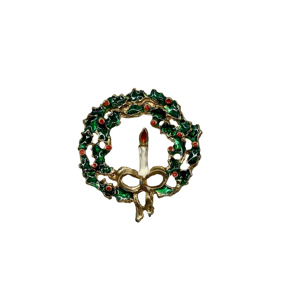 Unbranded Jewelry - Vintage Christmas Wreath Brooch Candle Bow Holly Red Green White Enamel